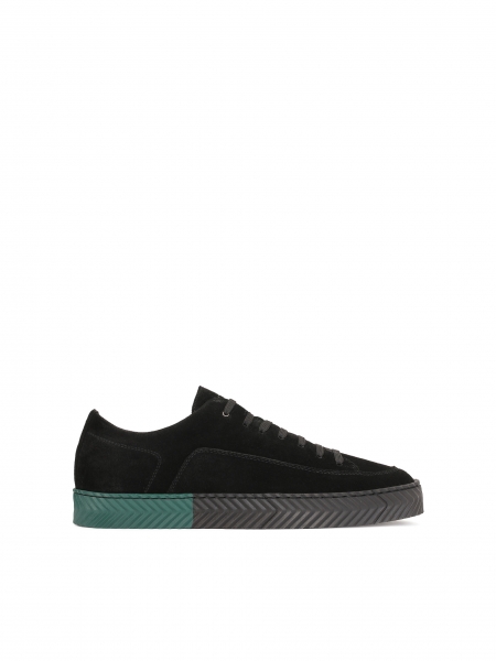 Czarne zamszowe sneakersy z zielonymi wstawkami i wzorzystą podeszwą LEONID