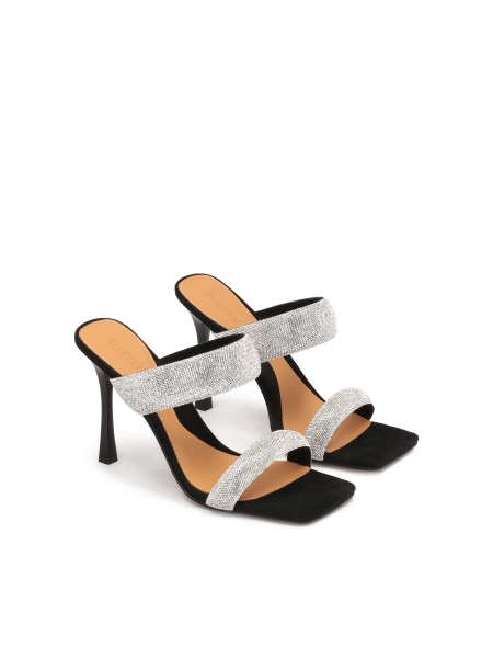 Czarne klapki na obcasie z błyszczącymi paskami AMBRE