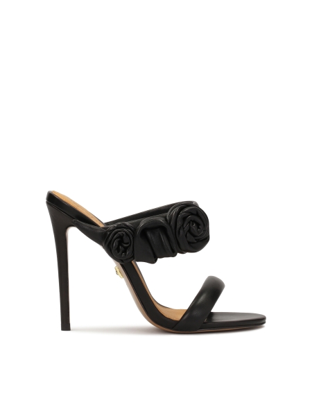 Eleganckie czarne klapki z różami na wysokiej szpilce JOSEFINE