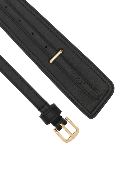 Czarny skórzany pasek dwuelementowy ze złotą klamrą HARIET