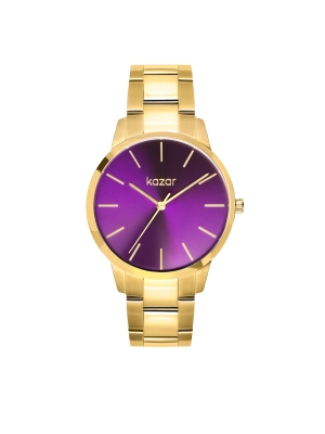 Zegarek z fioletową tarczą i złotą bransoletą