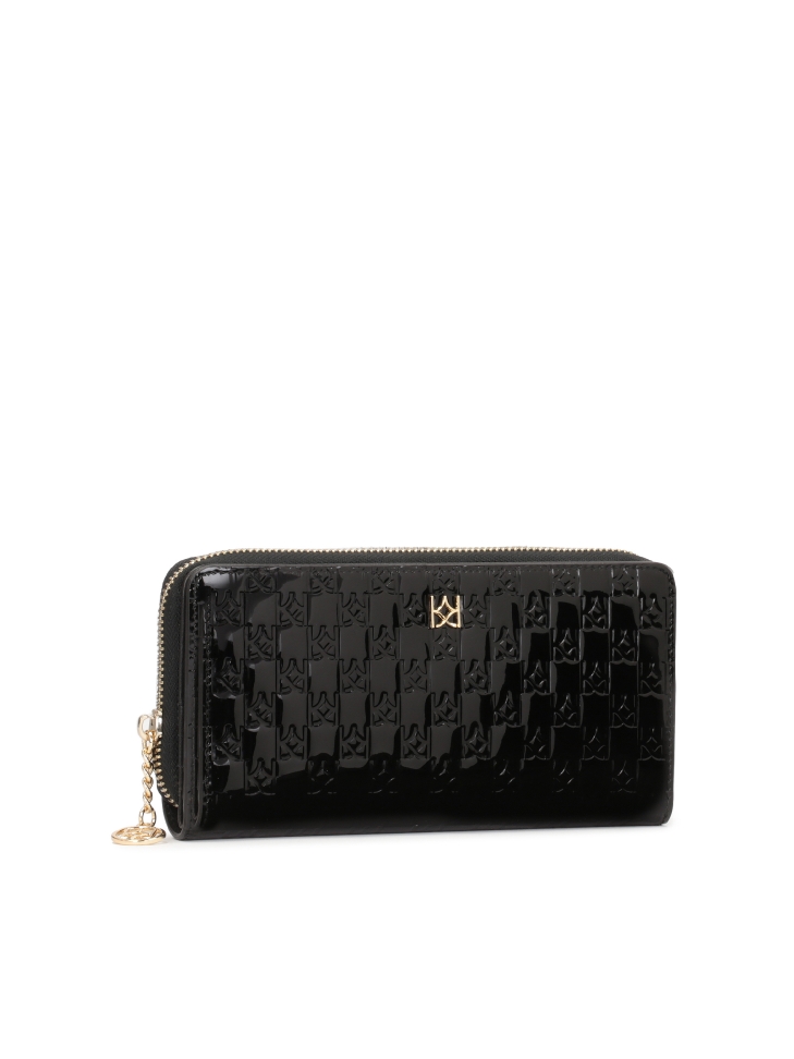 Duży czarny portfel z lakierowanej skóry z tłoczonym wzorem ROLETTE