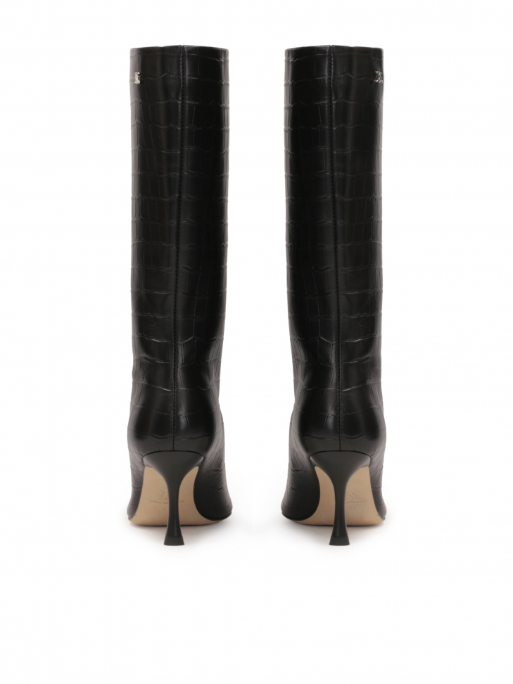 Czarne botki z wysoką cholewką z tłoczonej skóry  KS SENCE