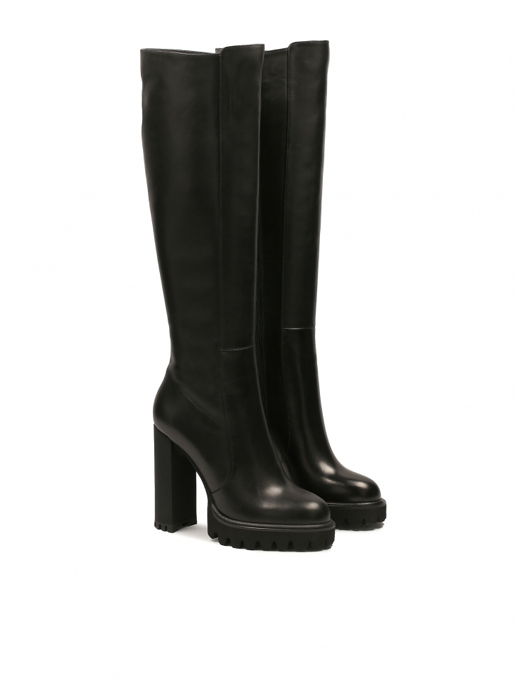 Skórzane kozaki na wysokim obcasie i platformie MORENA