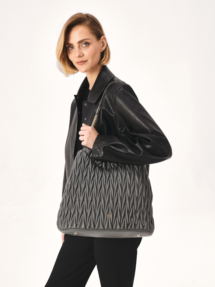 Pikowana szara torebka z długimi uchwytami  SOLENE