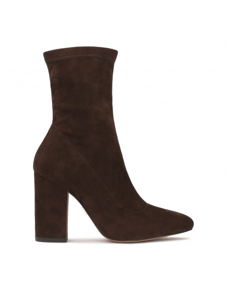 Ciemnobrązowe botki z tkaniny na słupku FLYNN