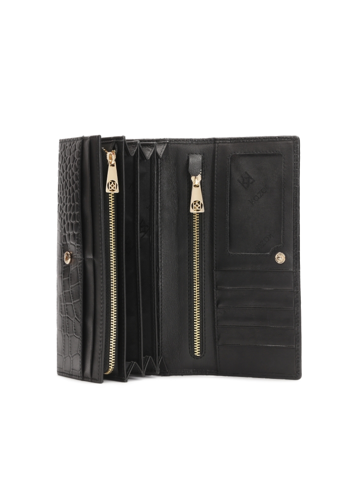 Podłużny czarny portfel z tłoczonej skóry JOLENE