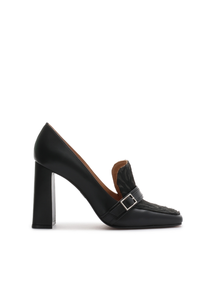 Czarne czółenka na słupku z akcentem zwierzęcego printu ZELIA