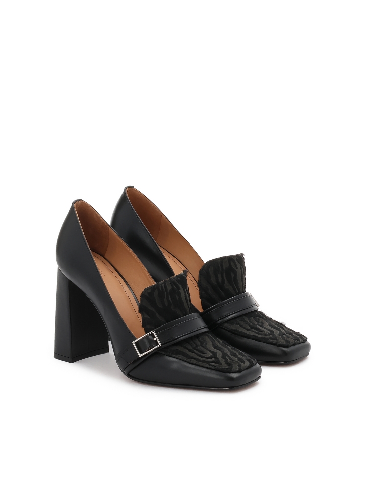 Czarne czółenka na słupku z akcentem zwierzęcego printu ZELIA