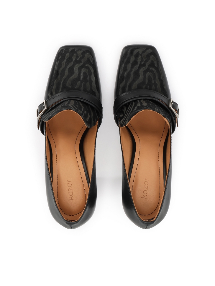 Czarne czółenka na słupku z akcentem zwierzęcego printu ZELIA