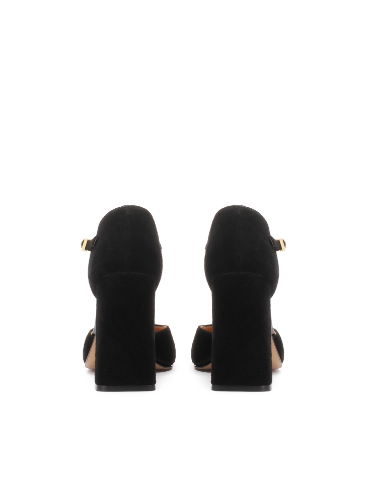 Zamszowe półotwarte czółenka na słupku ZELIA