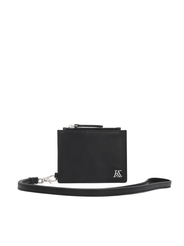 Czarne skórzane etui na karty z odpinanym paskiem i kieszenią na suwak KS CHARENTE