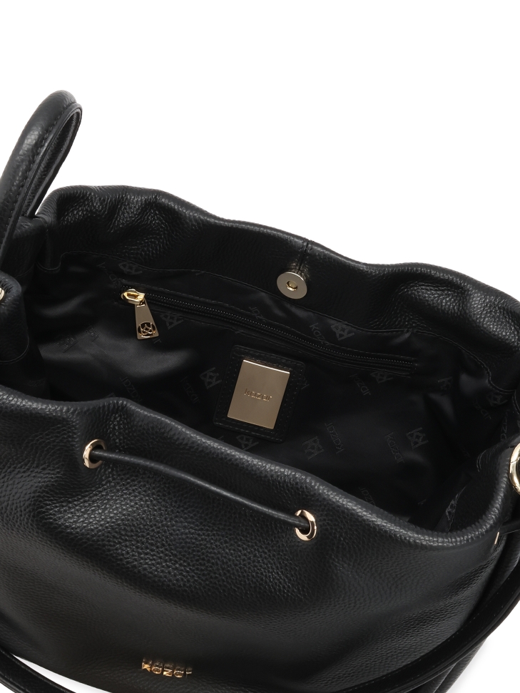 Czarna torebka worek ze skóry naturalnej z troczkiem KENNA