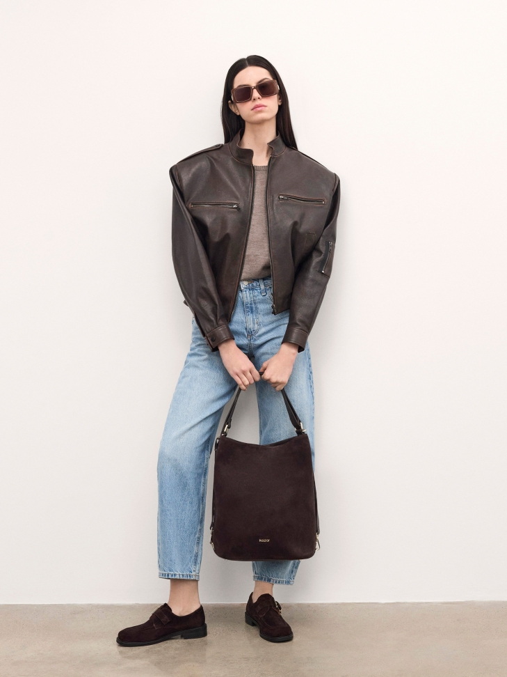 Brązowa torebka z naturalnego zamszu z minimalistycznym designem JERRIAR