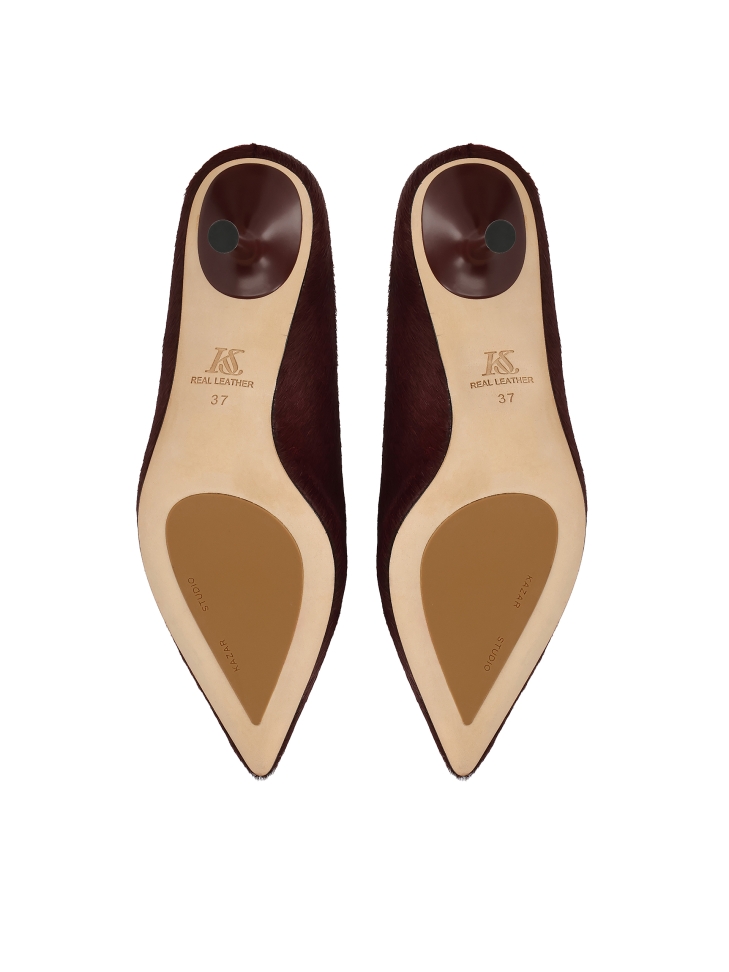 Bordowe klapki na szpilce z naturalnym włosiem KS ELYSIE