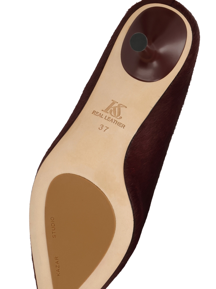 Bordowe klapki na szpilce z naturalnym włosiem KS ELYSIE