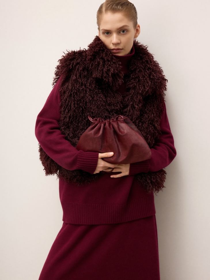 Bordowa torebka worek ze skóry z włosiem naturalnym KS LIVIEN